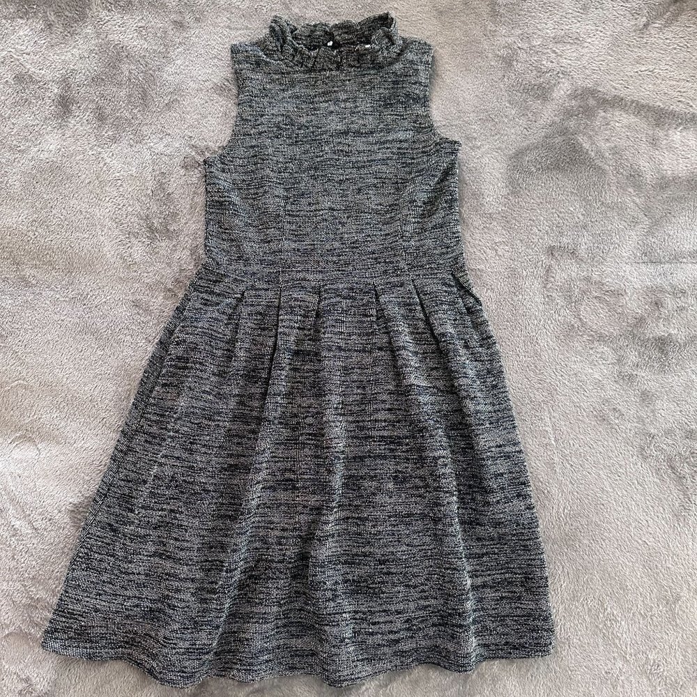 Ganni Tweed Pinnacle Pleated Gray High Neck Dress Womens XS